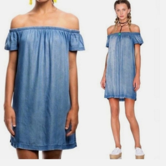 CLOTH & STONE Chambray Tencel Lyocell Off the Shoulder Mini Dress Size Small - Picture 1 of 8